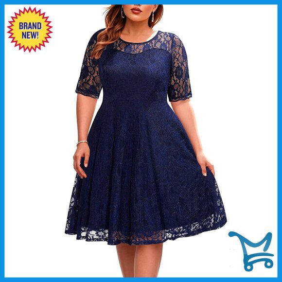 Dresses & Skirts - Lace Midi Dress Semi Formal Cocktail Party Wedding Guest Elegant Fit Flare